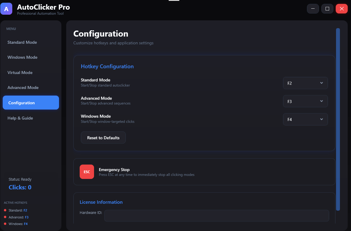 AutoClick Pro configuration panel — custom hotkey bindings and global shortcut settings
