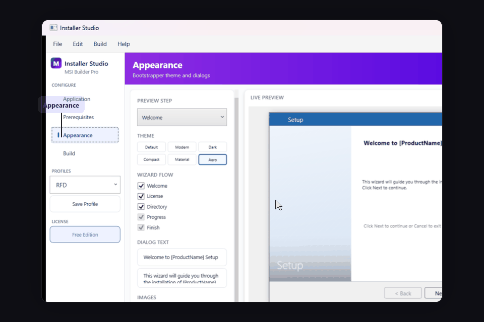 Installer Studio Appearance tab — theme selection and live installer preview
