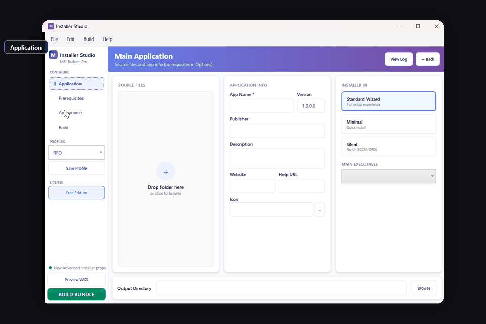 Installer Studio Application tab — source files, app info, and installer UI configuration