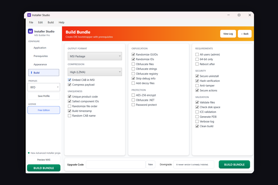 Installer Studio — Application setup with source files, app info, and installer UI configuration