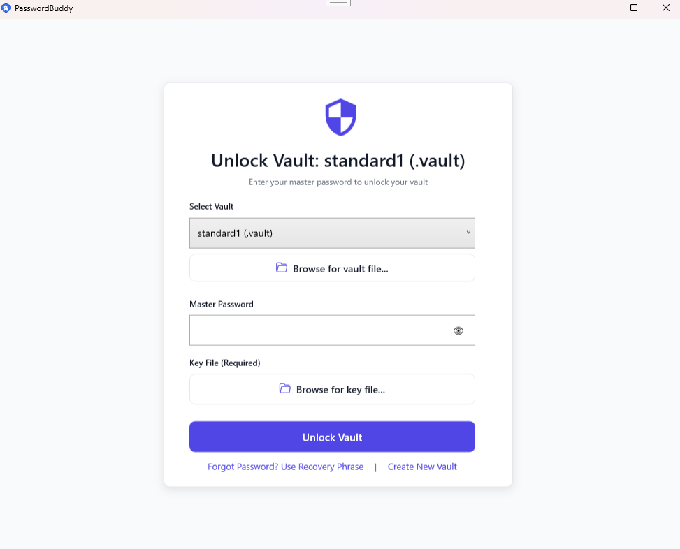 PasswordBuddy home screen showing password vault and security dashboard