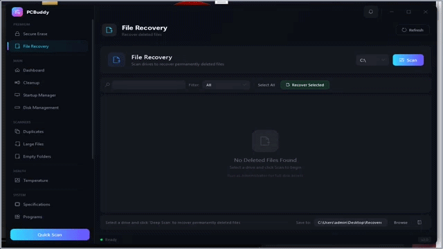 PCBuddy demo showing cleanup, disk analyzer, and secure erase in action