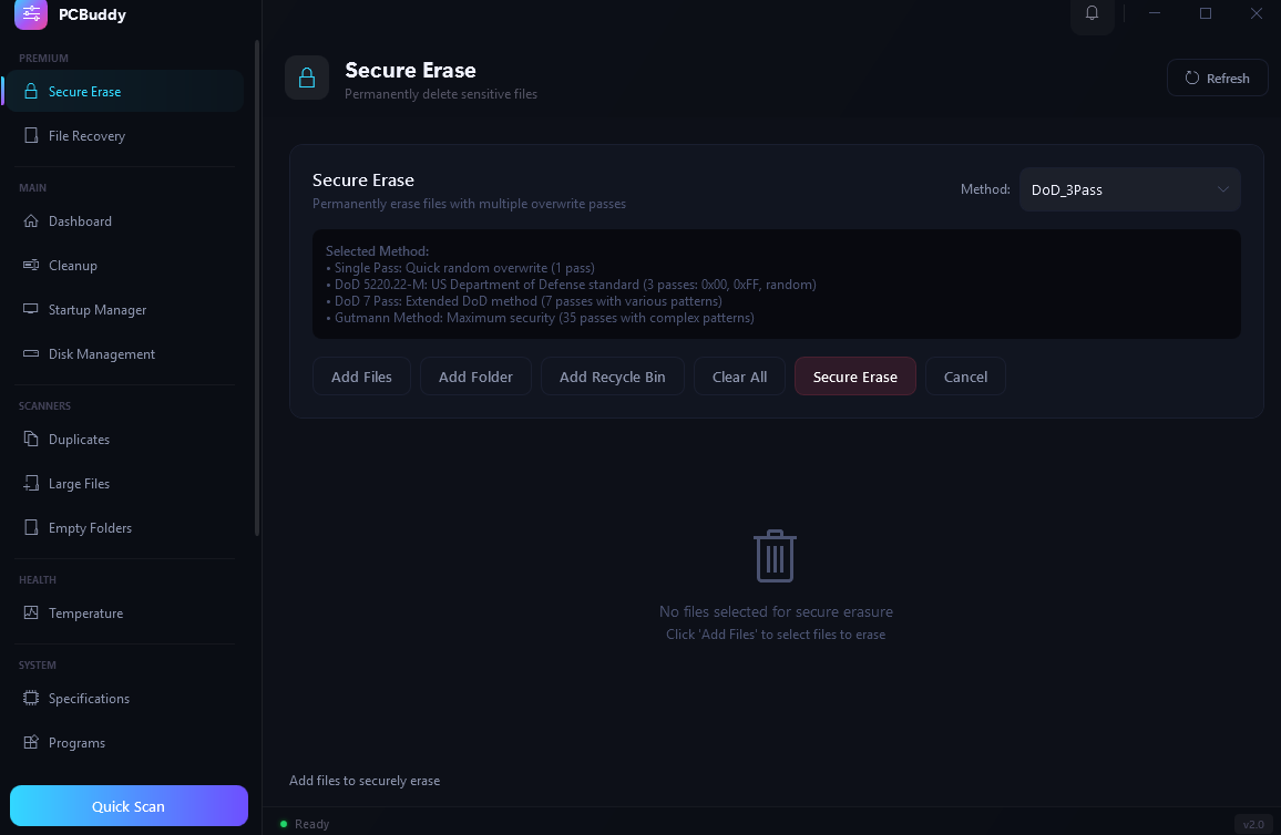 PCBuddy secure erase for permanent file deletion