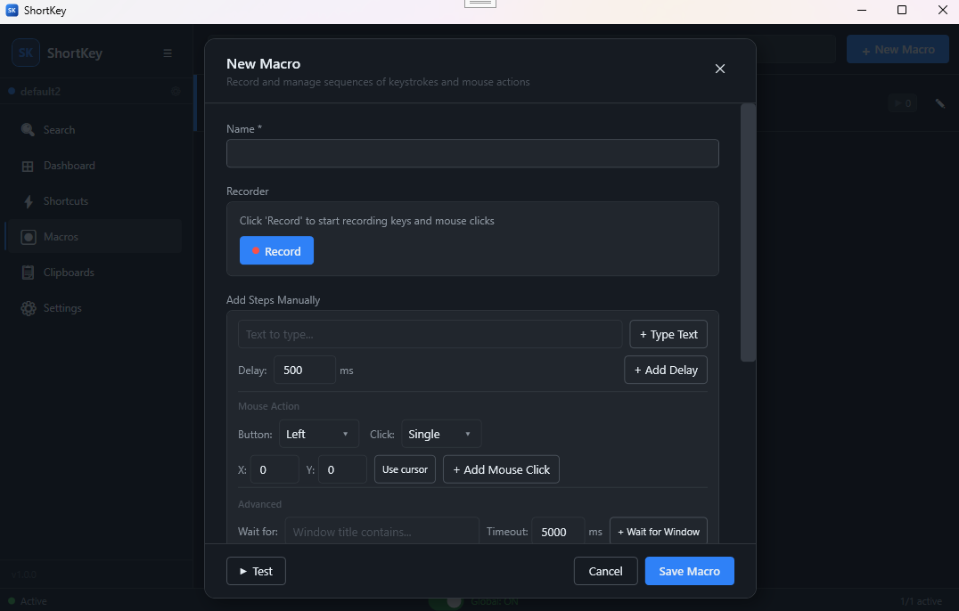 ShortKey macro recorder with step list